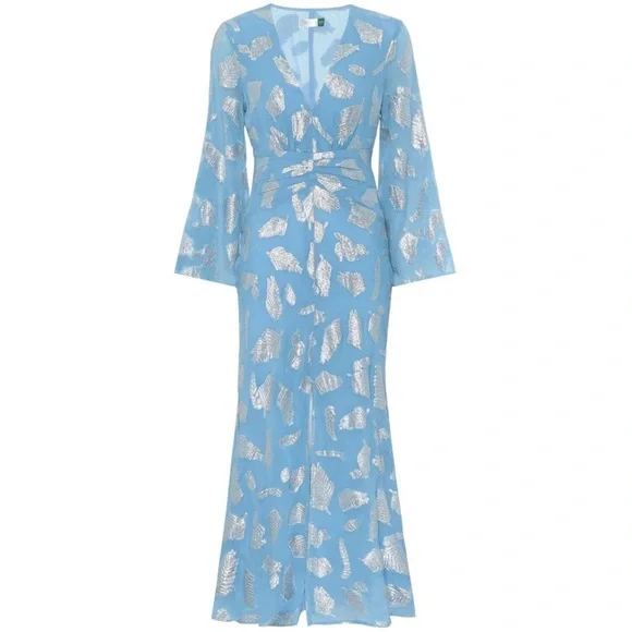 RIXO London Indra Long Bell Sleeve Metallic Print Midi Maxi Dress in Blue - Picture 4 of 14